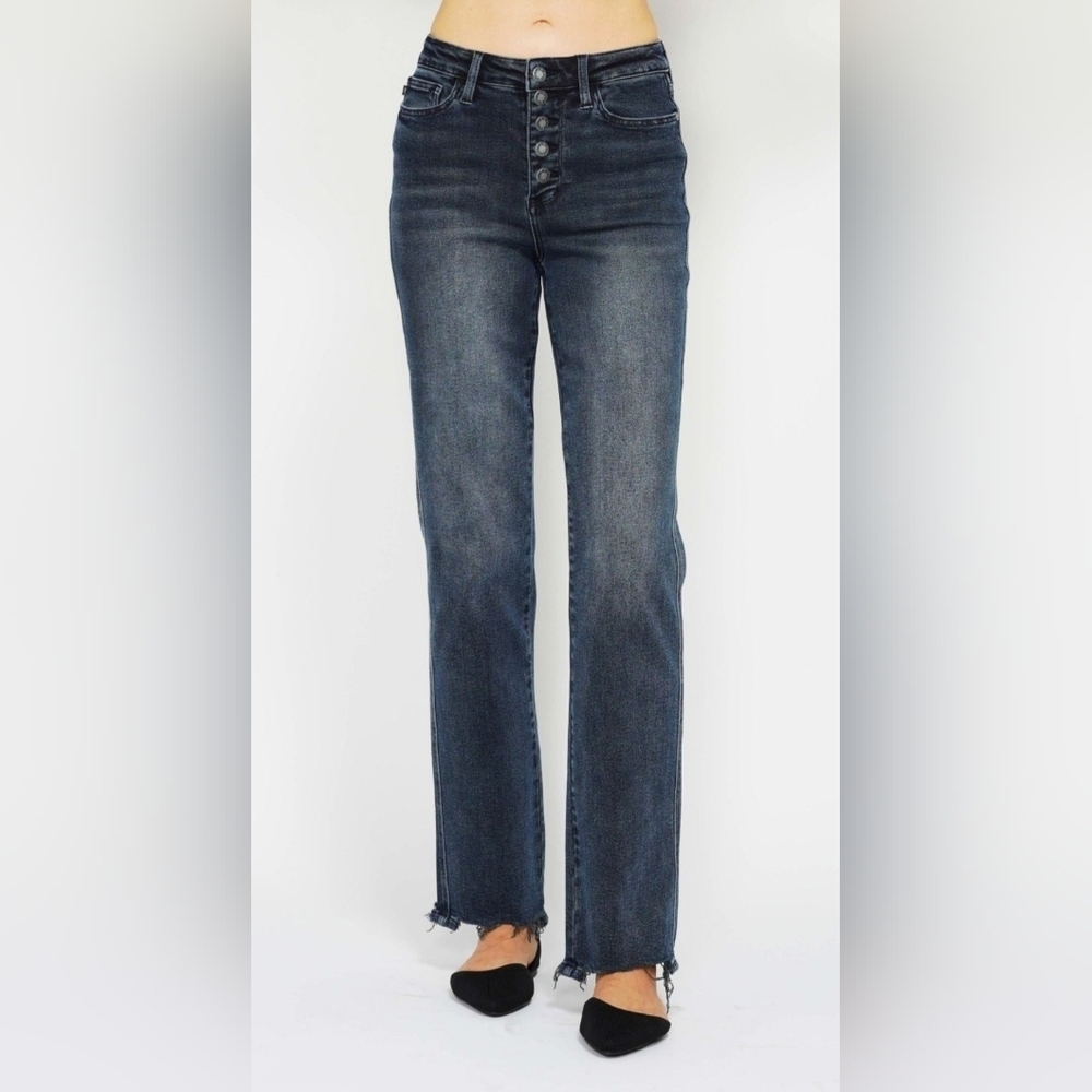 Judy Blue High Rise Button Fly Straight Fit Dark Blue Wash Jeans Reg Plus NEW - Picture 2 of 16